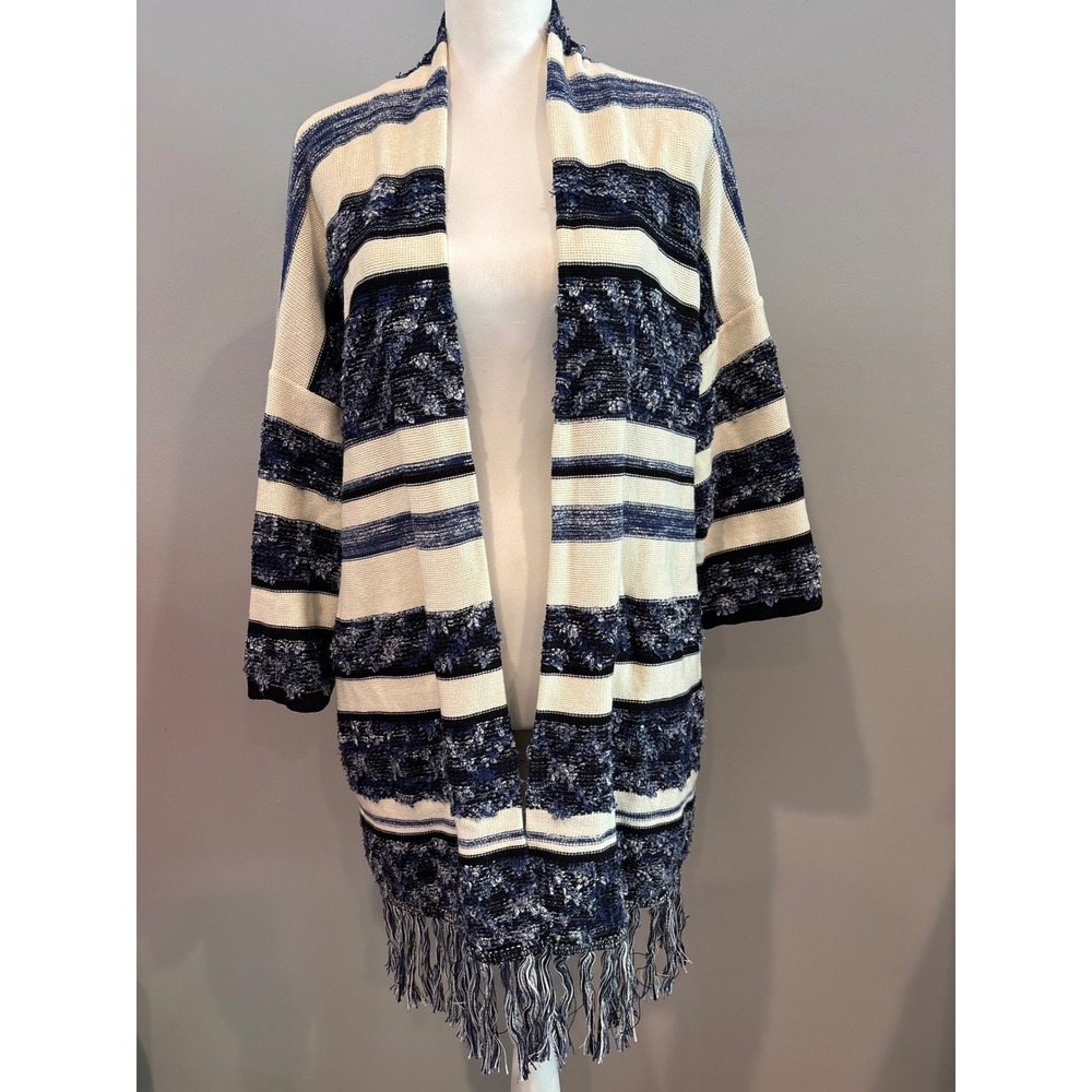 Lucky Brand Blue Cream Striped Fringe Open Front Cardigan Sweater Womens Medium